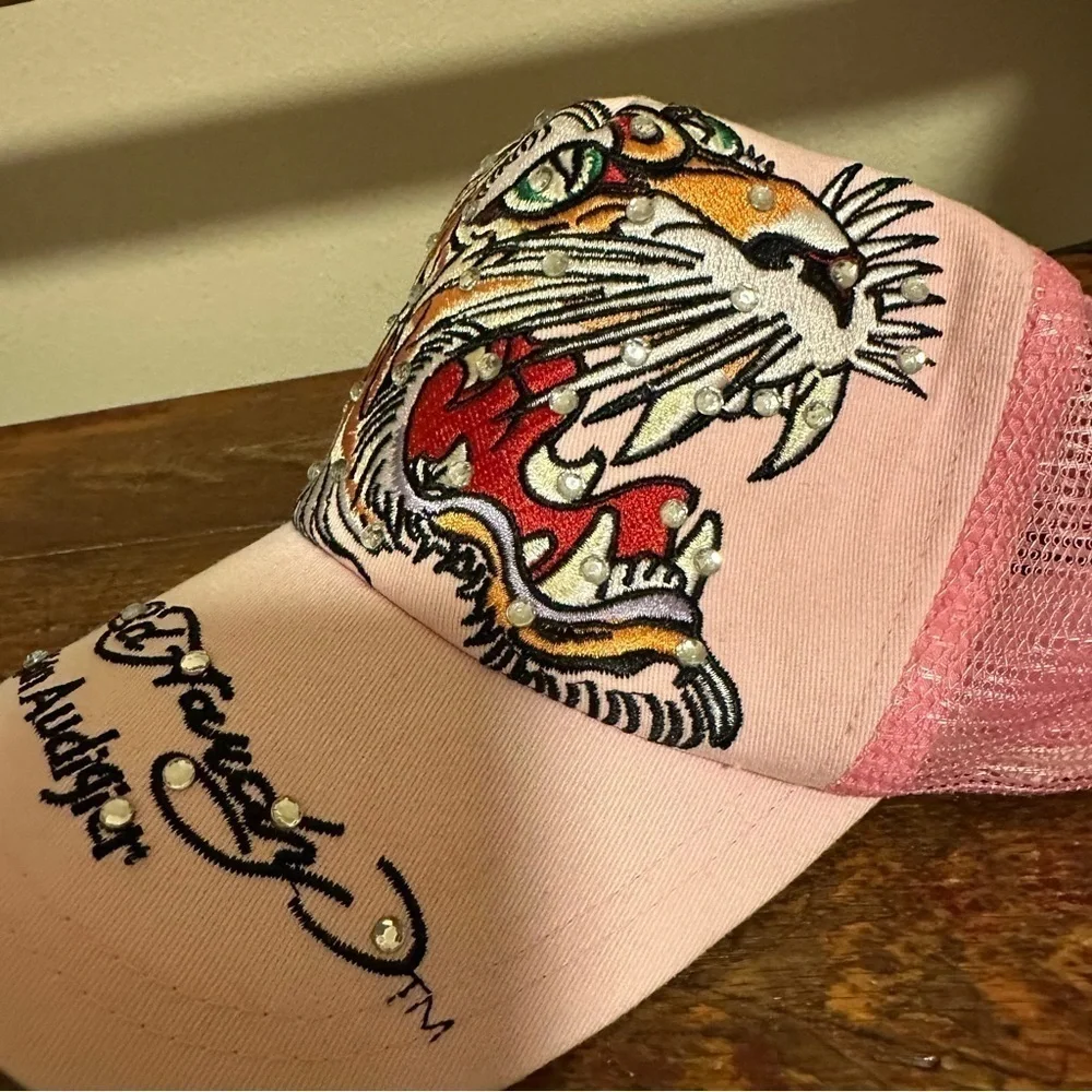 Vintage Ed Hardy Pink Tiger Trucker Baseball Hat Y2K 00s Embroidered Rhinestone